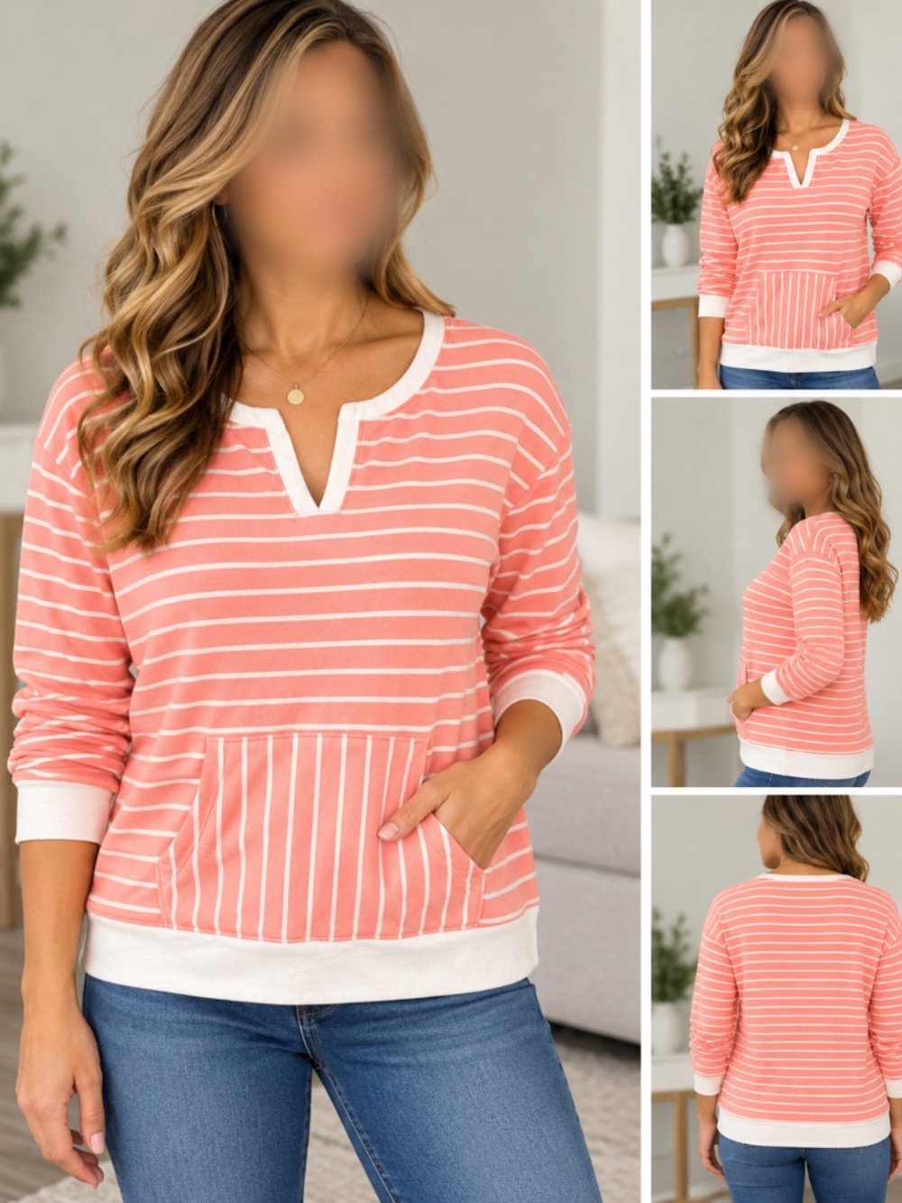 Talbots Coral Pink White Striped Cotton Pullover Sweatshirt Petitie Large
